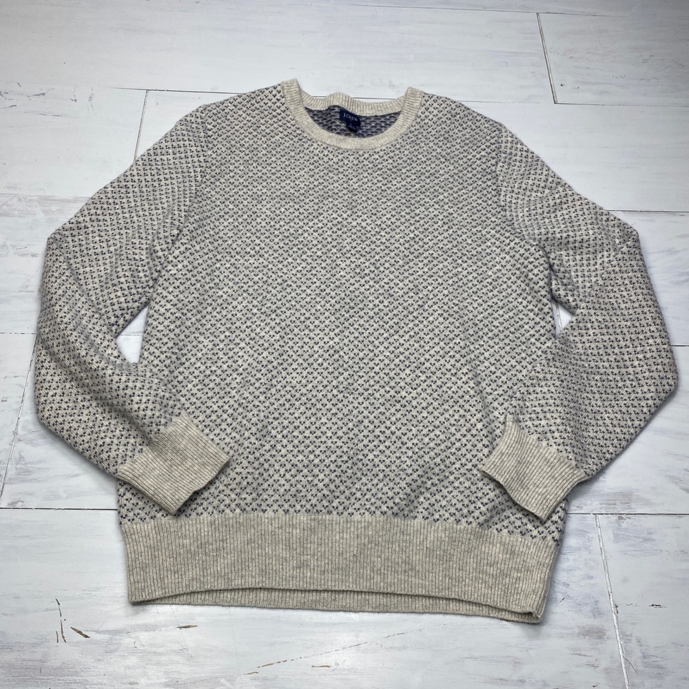 J.Crew Crewneck Sweater Mens Large Beige Blue Lambswool Blend Birdseye